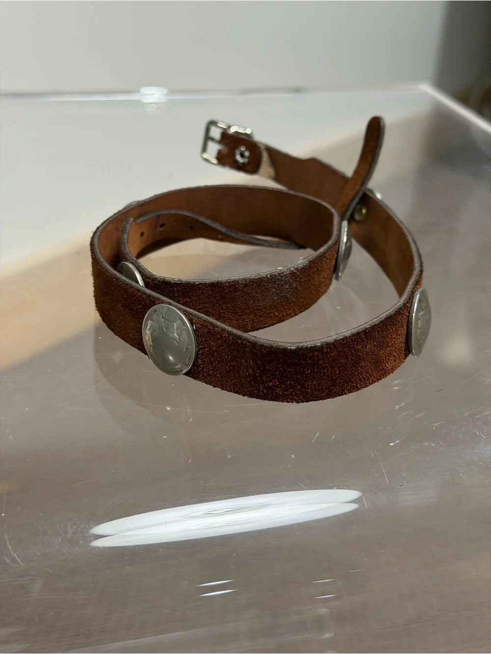 Vintage 1950’s Kids Brown Suede Belt with Silver Conchos